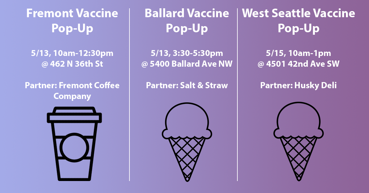 Graphic with event details: Fremont Vaccine Pop-Up, 5/13, 10am-12:30pm @ 462 N 36th St, Partner: Fremont Coffee Company; Ballard Vaccine Pop-Up, 5/13, 3:30-5:30pm @ 5400 Ballard Ave NW, Partner: Salt & Straw; West Seattle Vaccine Pop-Up, 5/15, 10am-1pm @ 4501 42nd Ave SW, Partner: Husky Deli