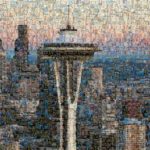 Mosaic image of Seattle skyline composed of hundreds of #BestShotSeattle selfies people took
