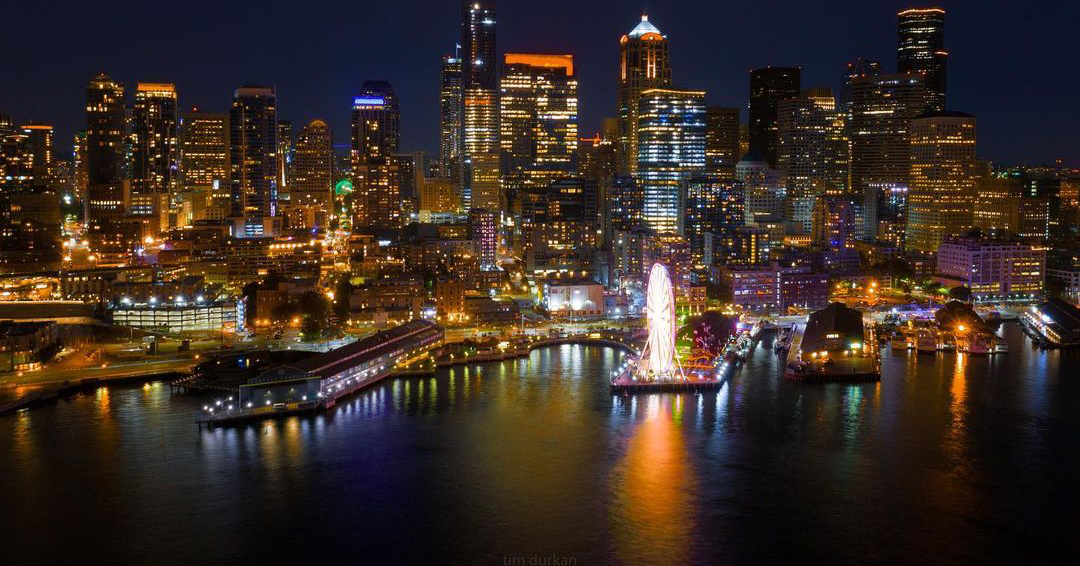 Downtown Seattle lit up at night