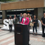 Mayor Durkan speaking at Welcome Back Seattle event