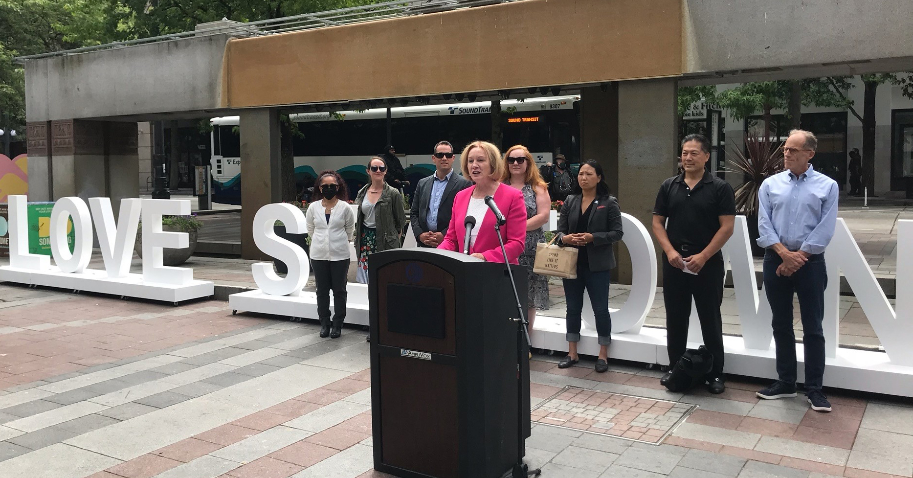 Mayor Durkan speaking at Welcome Back Seattle event
