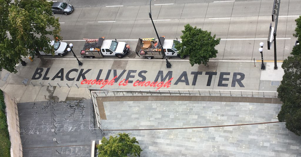 New City Hall Mural which says Black Lives Matter, enough is enough
