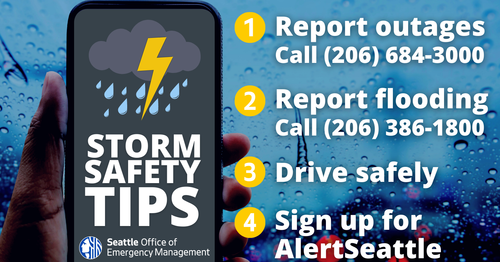 Storm Safety Tips: Report outages, 206-684-3000; Report flooding, 206-386-1800; Drive safely; Sign up for AlertSeattle